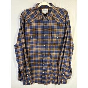 Lucky Brand Shirt Mens sz XXL Blue Orange Plaid Western Pearl Snap Flannel